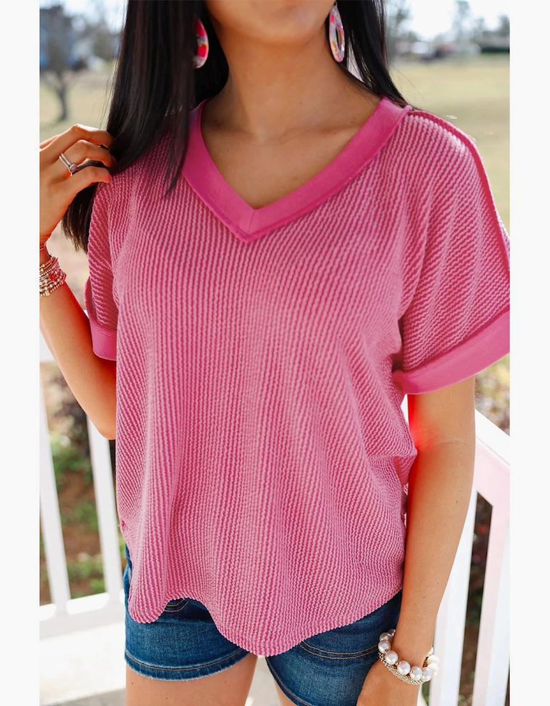 Rose Red Twisted Ribbed Knit V Neck Casual Tee