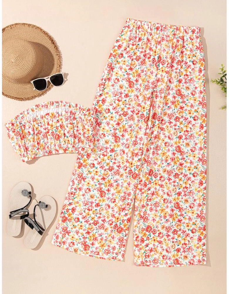 Pink Boho Floral Bandeau Top and High Waist Wide Leg Pants Set