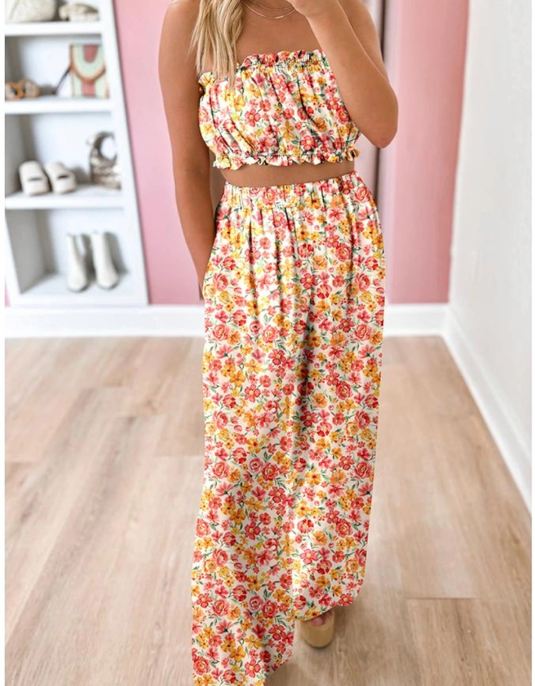 Pink Boho Floral Bandeau Top and High Waist Wide Leg Pants Set