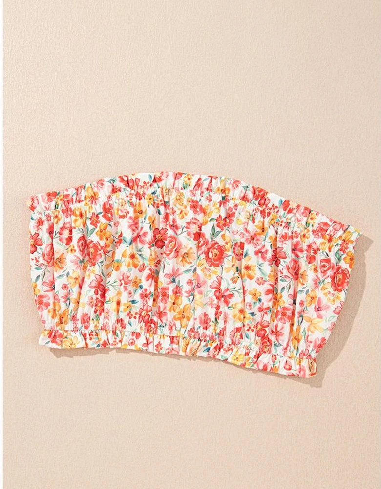 Pink Boho Floral Bandeau Top and High Waist Wide Leg Pants Set