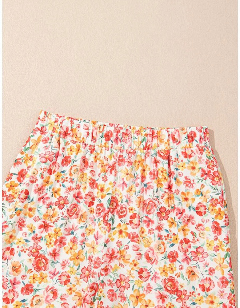 Pink Boho Floral Bandeau Top and High Waist Wide Leg Pants Set