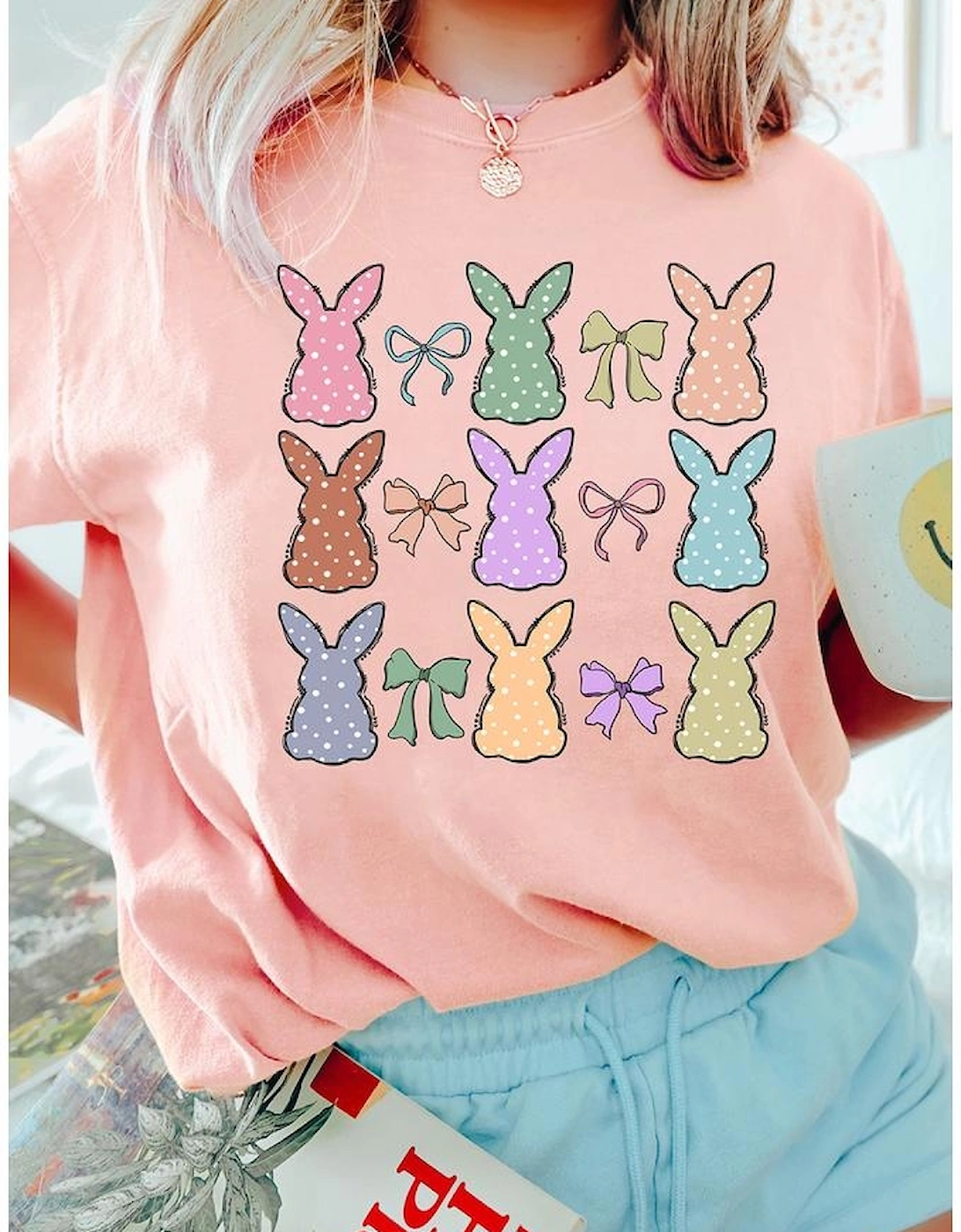 Pink Dotty Bunny Bow Printed Easter Day Fashion T Shirt