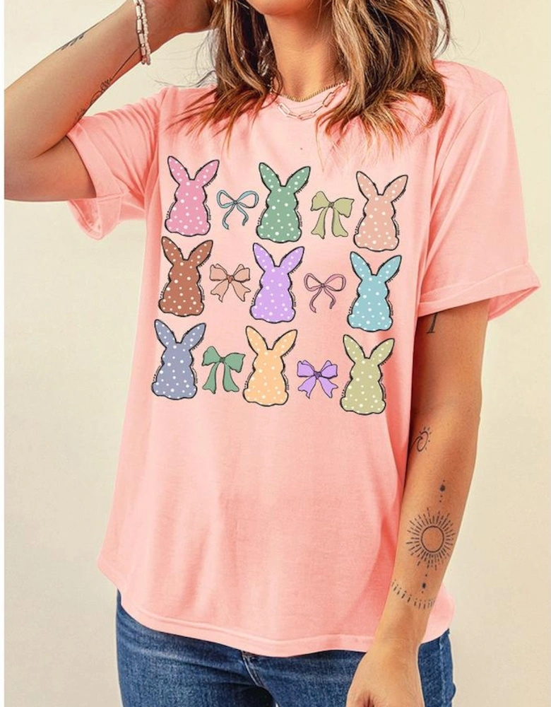 Pink Dotty Bunny Bow Printed Easter Day Fashion T Shirt