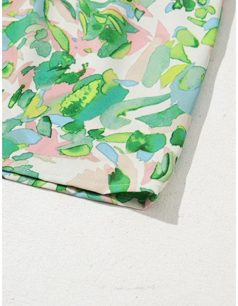 Green Leafy Printed Flounce Sleeve Shirred Mock Neck Blouse