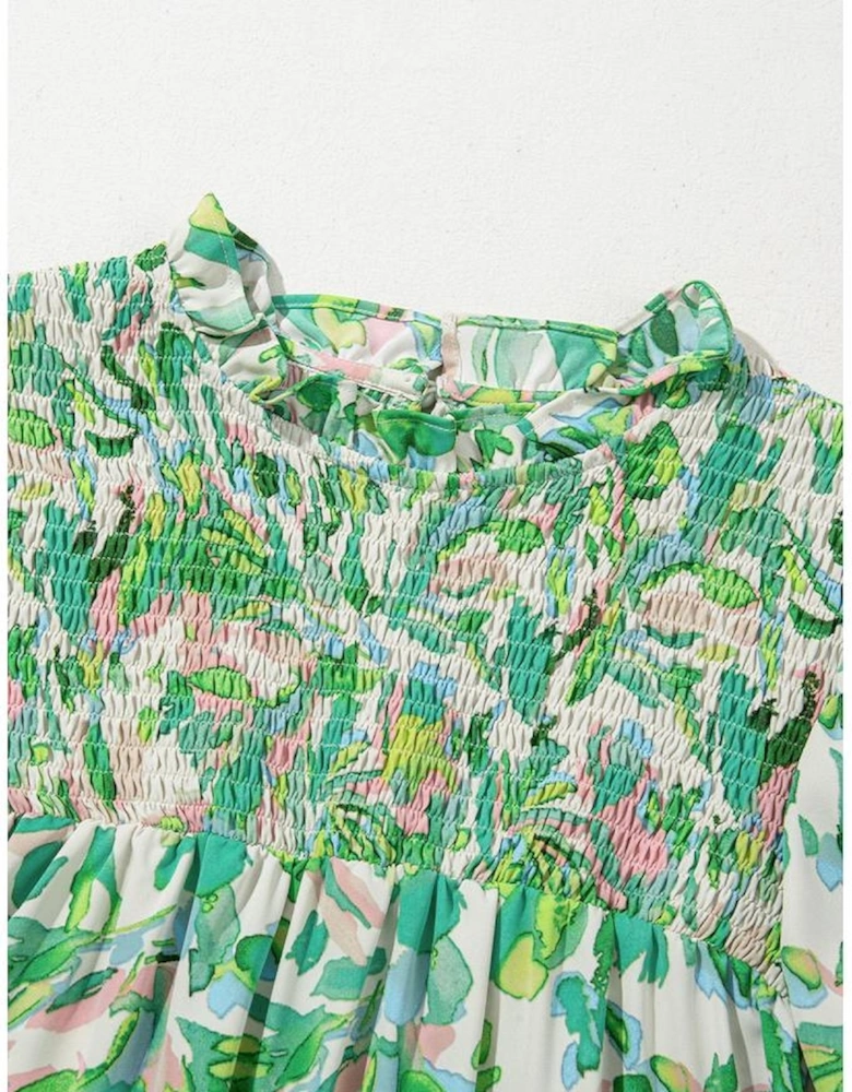 Green Leafy Printed Flounce Sleeve Shirred Mock Neck Blouse