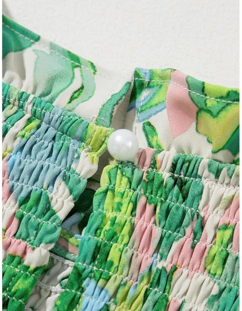 Green Leafy Printed Flounce Sleeve Shirred Mock Neck Blouse