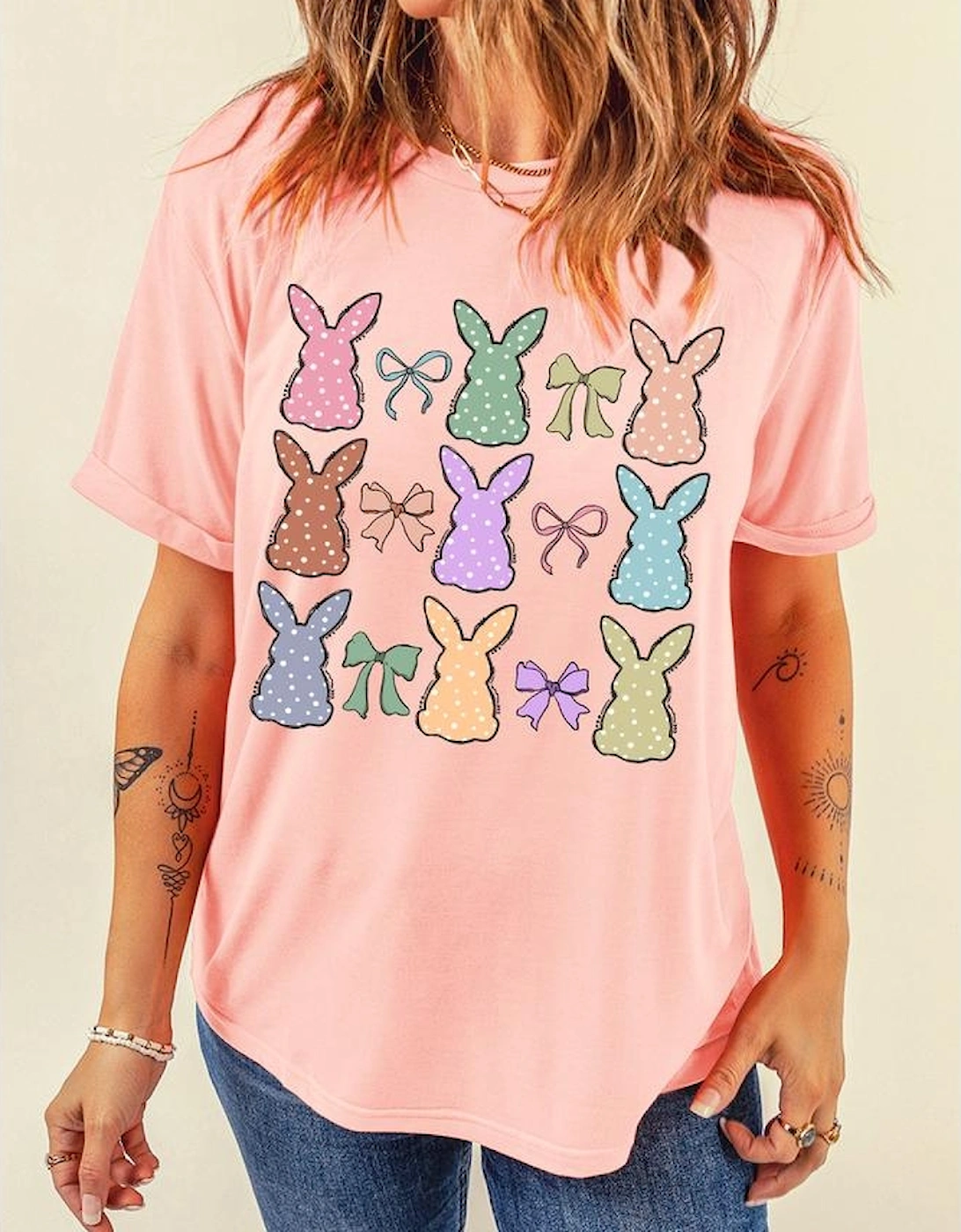 Pink Dotty Bunny Bow Printed Easter Day Fashion T Shirt