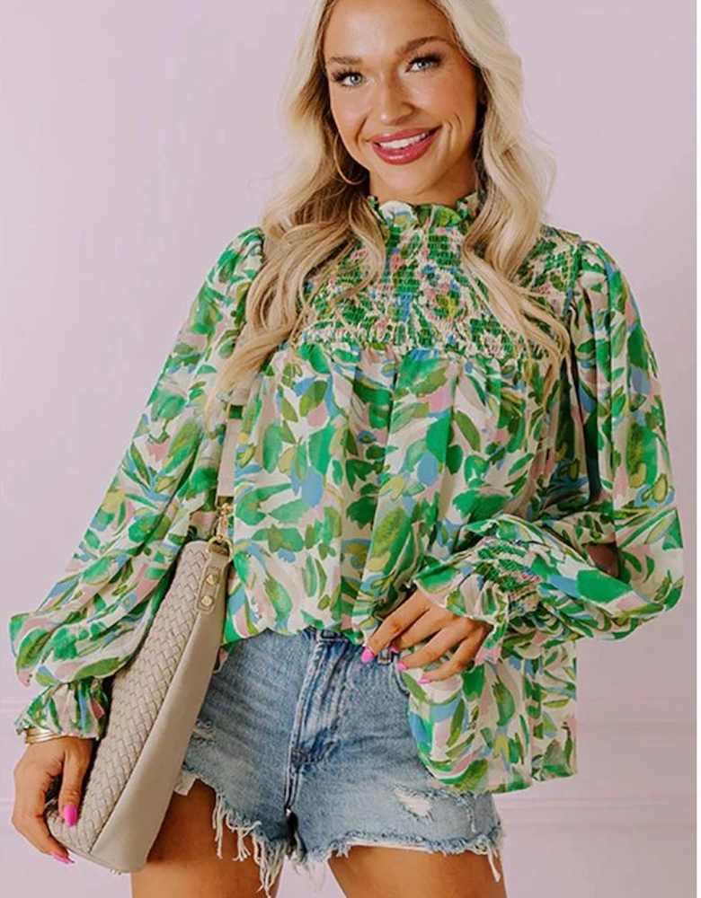Green Leafy Printed Flounce Sleeve Shirred Mock Neck Blouse