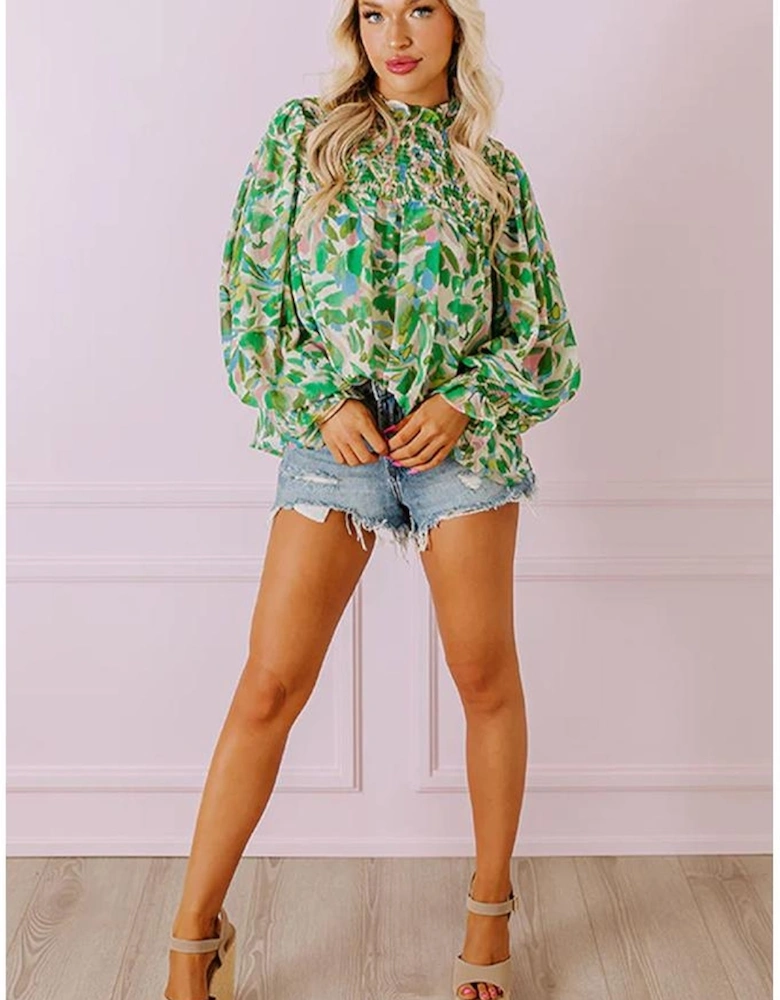 Green Leafy Printed Flounce Sleeve Shirred Mock Neck Blouse