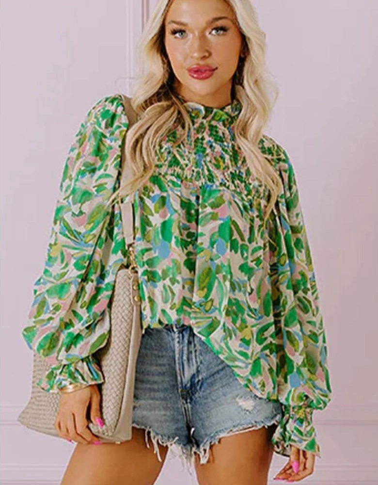 Green Leafy Printed Flounce Sleeve Shirred Mock Neck Blouse