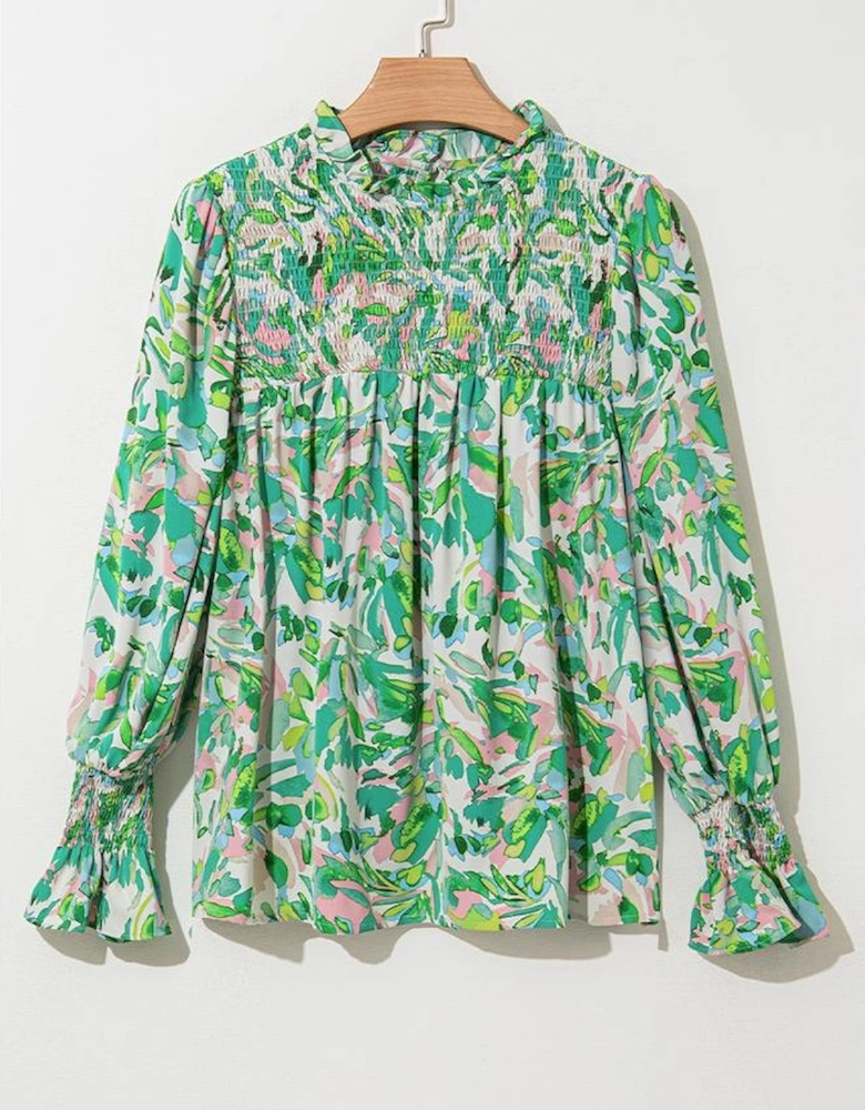 Green Leafy Printed Flounce Sleeve Shirred Mock Neck Blouse