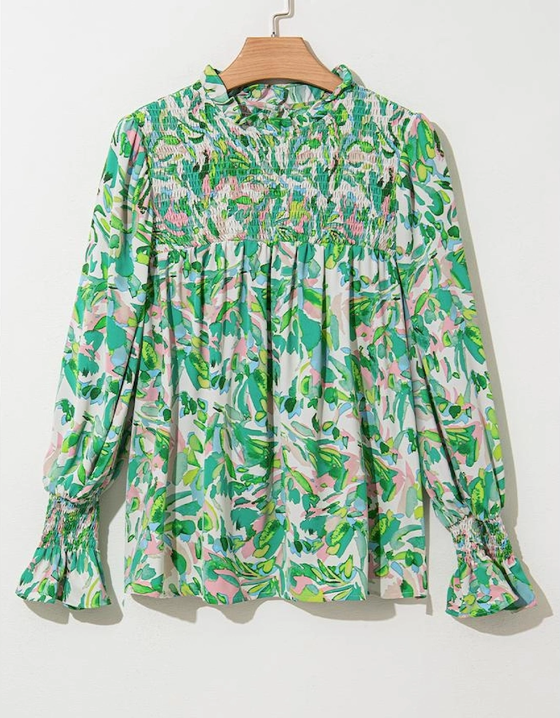 Green Leafy Printed Flounce Sleeve Shirred Mock Neck Blouse