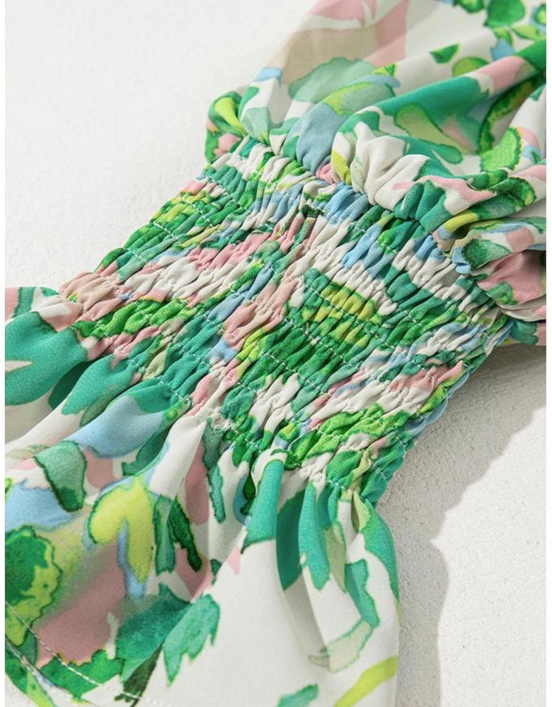 Green Leafy Printed Flounce Sleeve Shirred Mock Neck Blouse