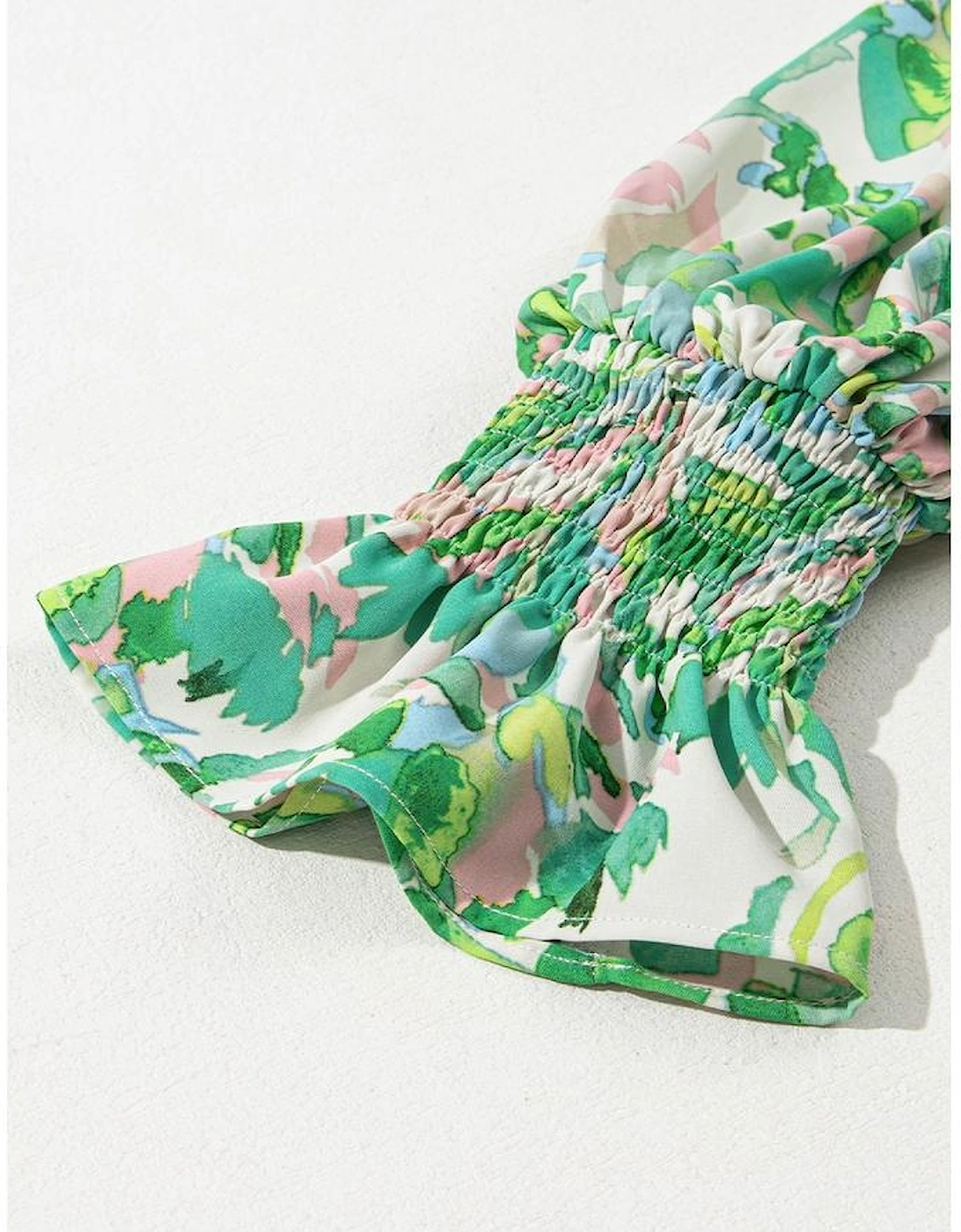 Green Leafy Printed Flounce Sleeve Shirred Mock Neck Blouse
