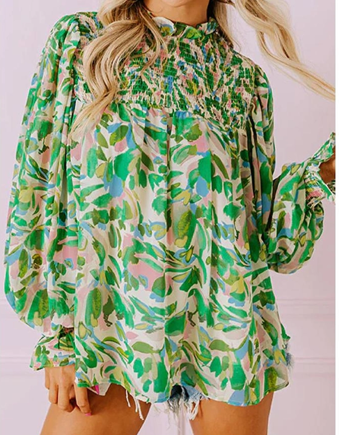 Green Leafy Printed Flounce Sleeve Shirred Mock Neck Blouse