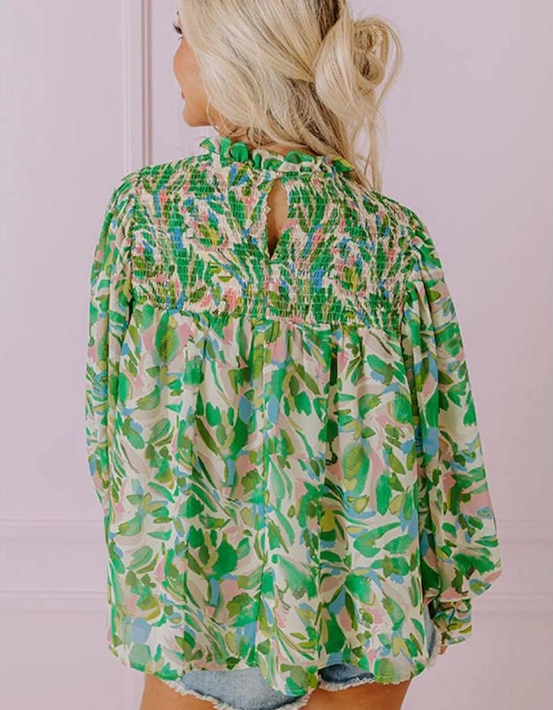 Green Leafy Printed Flounce Sleeve Shirred Mock Neck Blouse