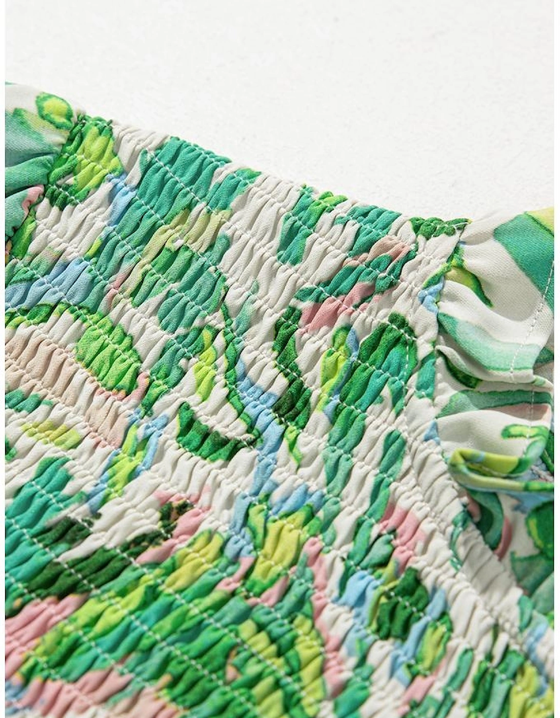 Green Leafy Printed Flounce Sleeve Shirred Mock Neck Blouse