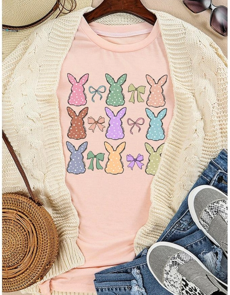 Pink Dotty Bunny Bow Printed Easter Day Fashion T Shirt