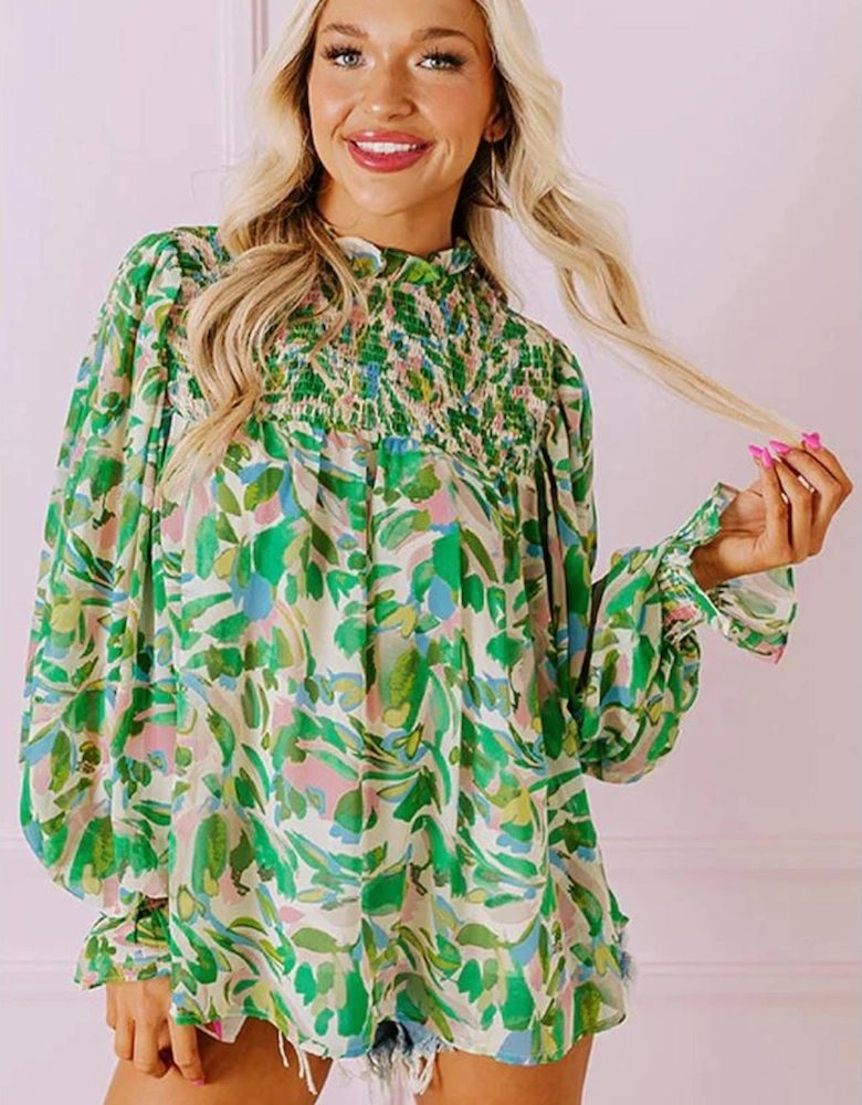 Green Leafy Printed Flounce Sleeve Shirred Mock Neck Blouse
