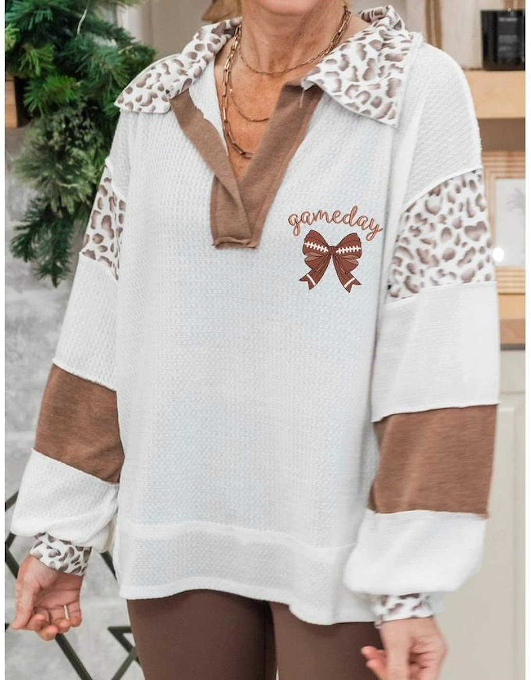 White game day Rugby Bow Embroidered Graphic Leopard Collar Color Block Patchwork Top
