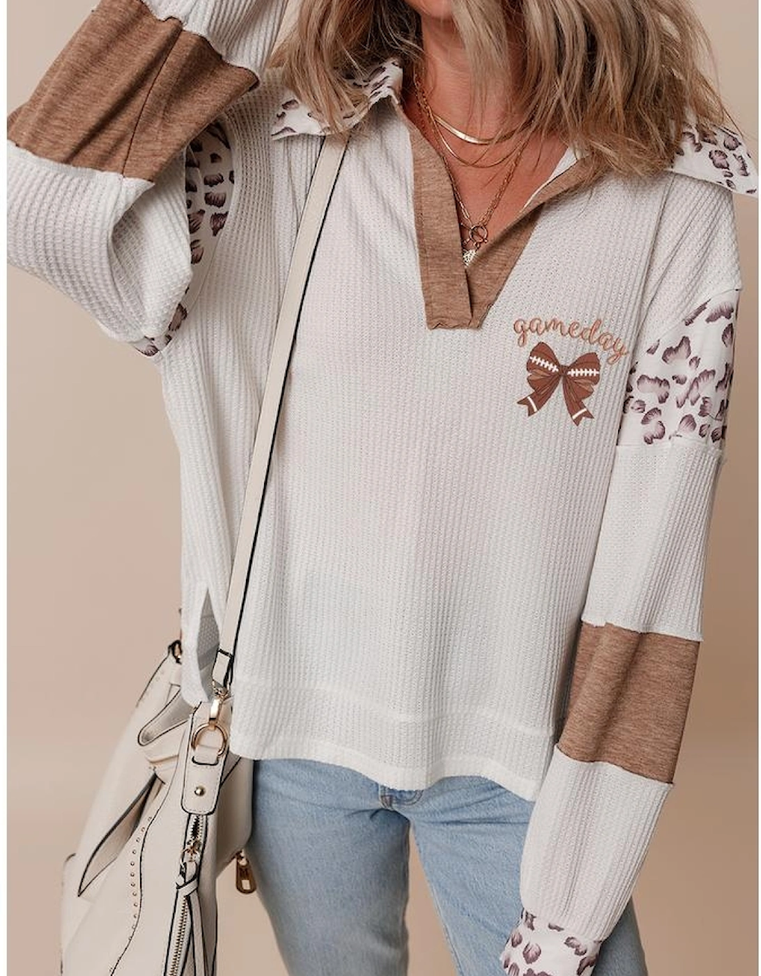 White game day Rugby Bow Embroidered Graphic Leopard Collar Color Block Patchwork Top