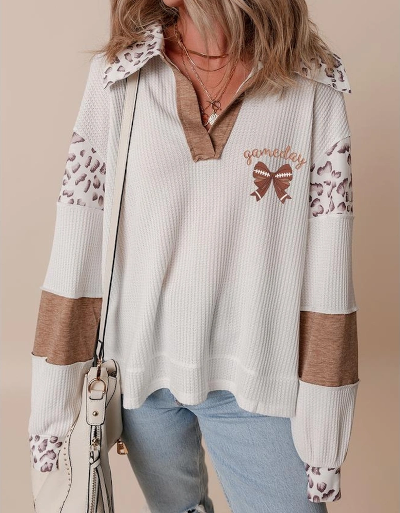 White game day Rugby Bow Embroidered Graphic Leopard Collar Color Block Patchwork Top