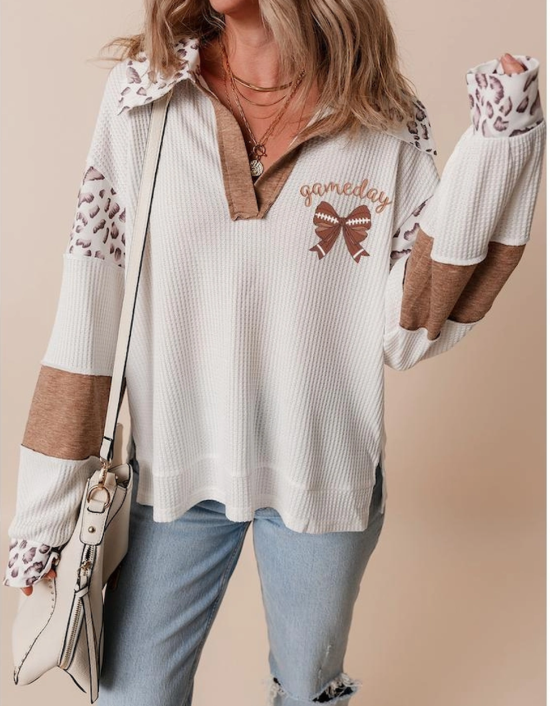 White game day Rugby Bow Embroidered Graphic Leopard Collar Color Block Patchwork Top