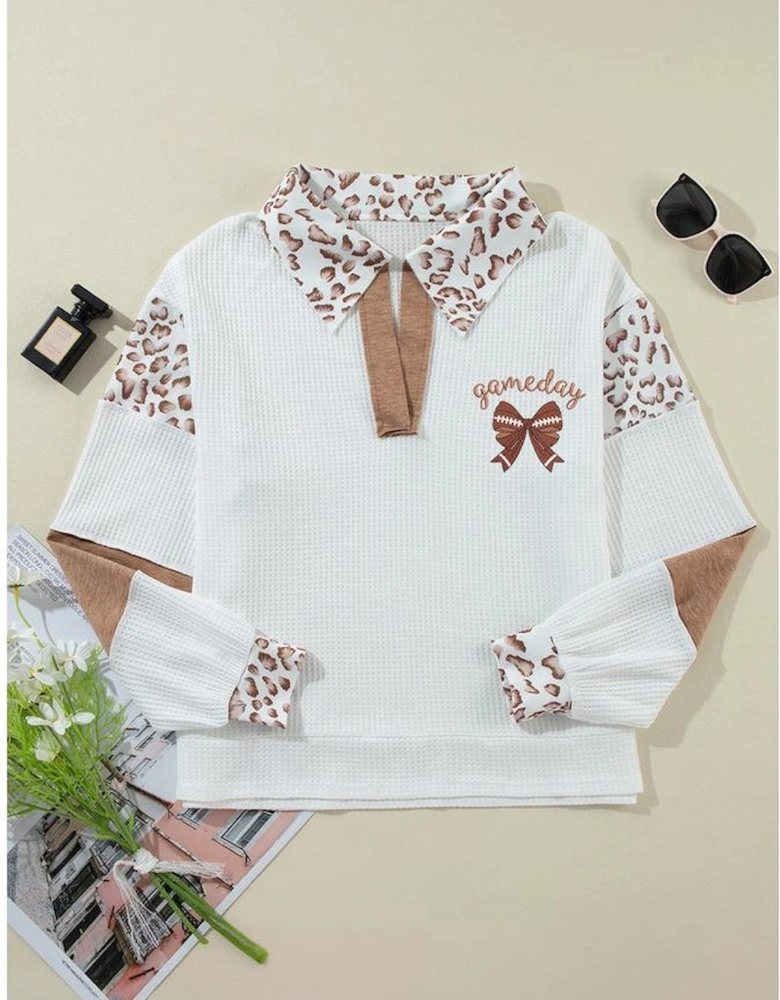 White game day Rugby Bow Embroidered Graphic Leopard Collar Color Block Patchwork Top