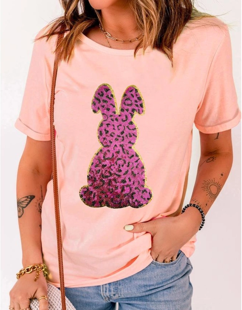 Pink Sequined Leopard Bunny Easter Graphic Tee