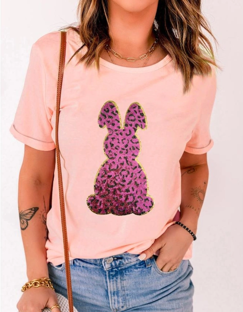 Pink Sequined Leopard Bunny Easter Graphic Tee