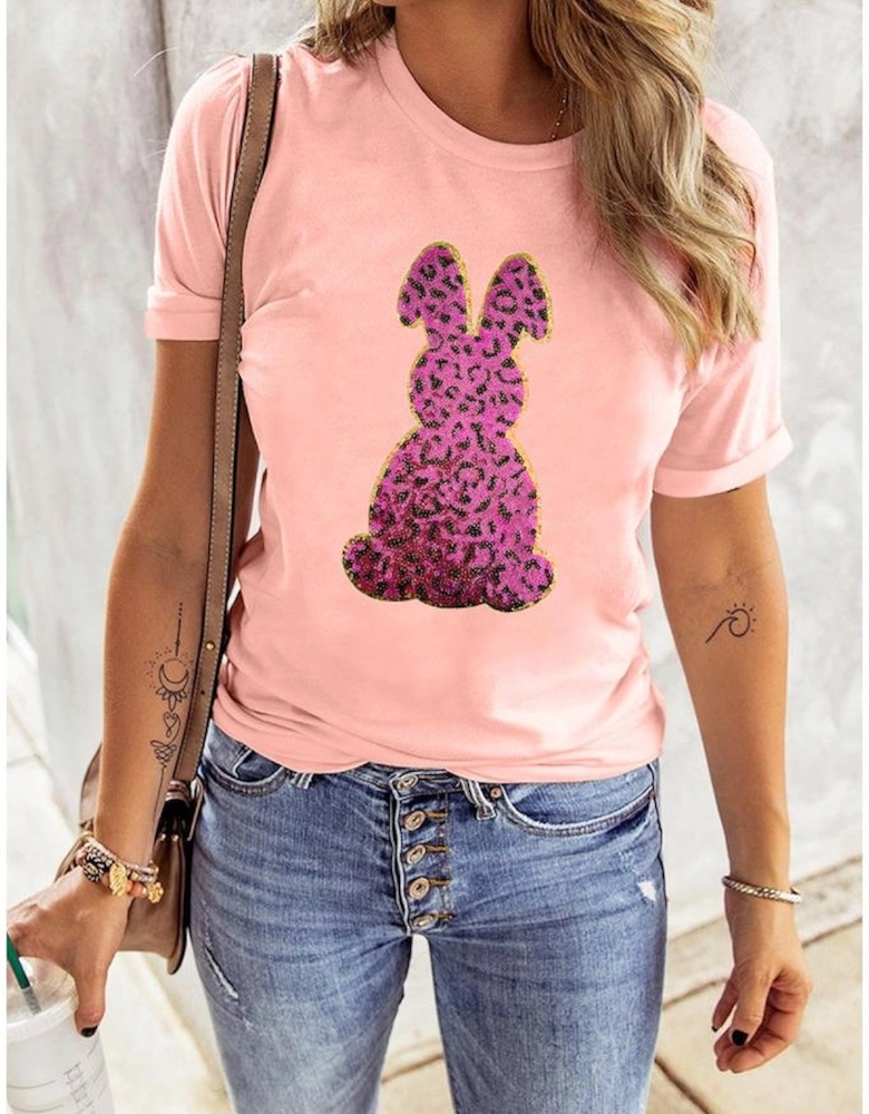 Pink Sequined Leopard Bunny Easter Graphic Tee