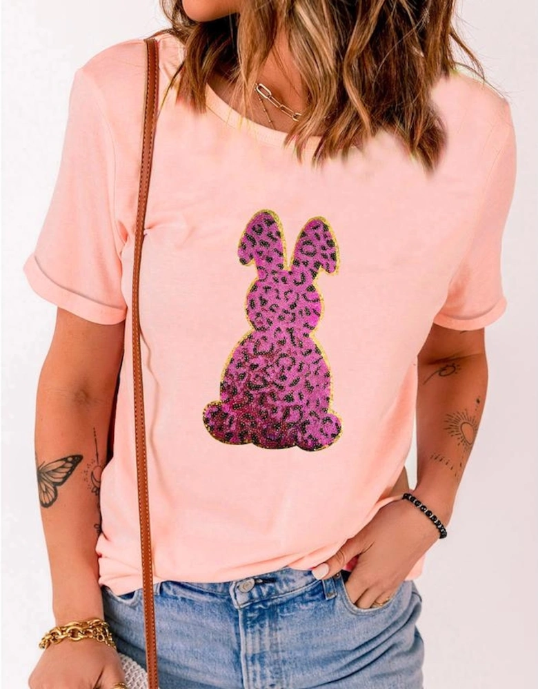 Pink Sequined Leopard Bunny Easter Graphic Tee