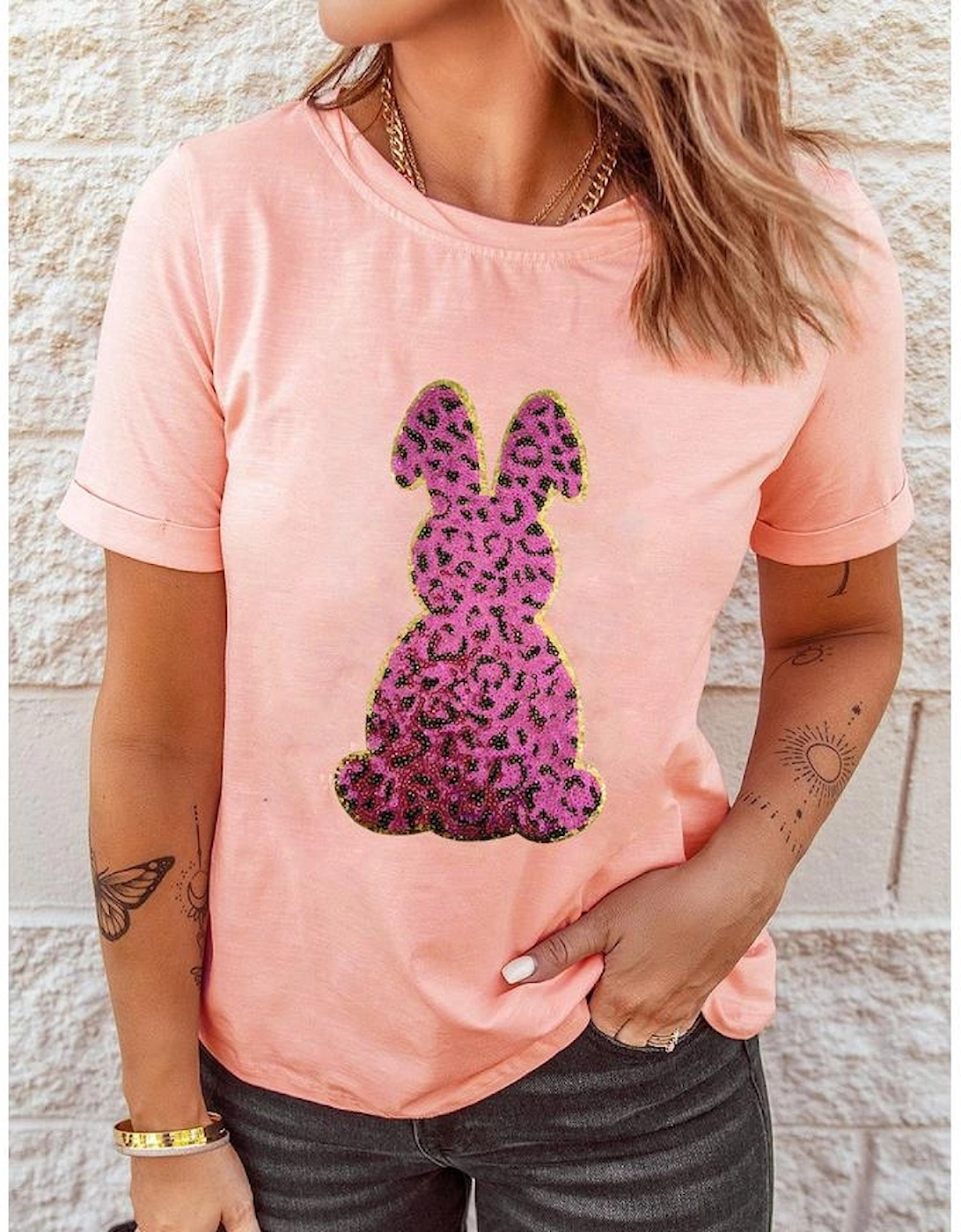 Pink Sequined Leopard Bunny Easter Graphic Tee