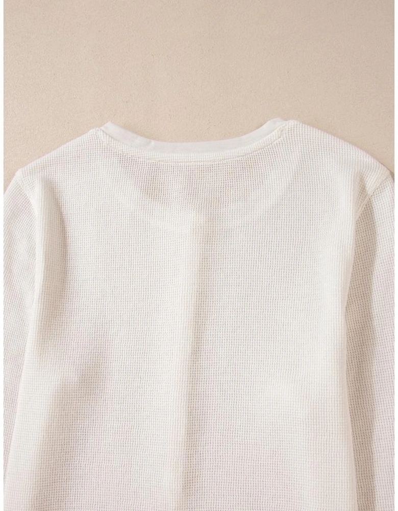 White Solid Color Waffle Half Button Long Sleeve Top