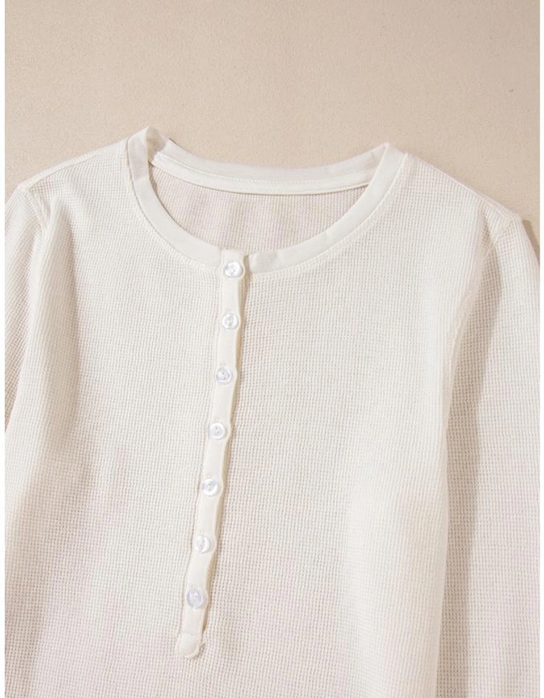 White Solid Color Waffle Half Button Long Sleeve Top