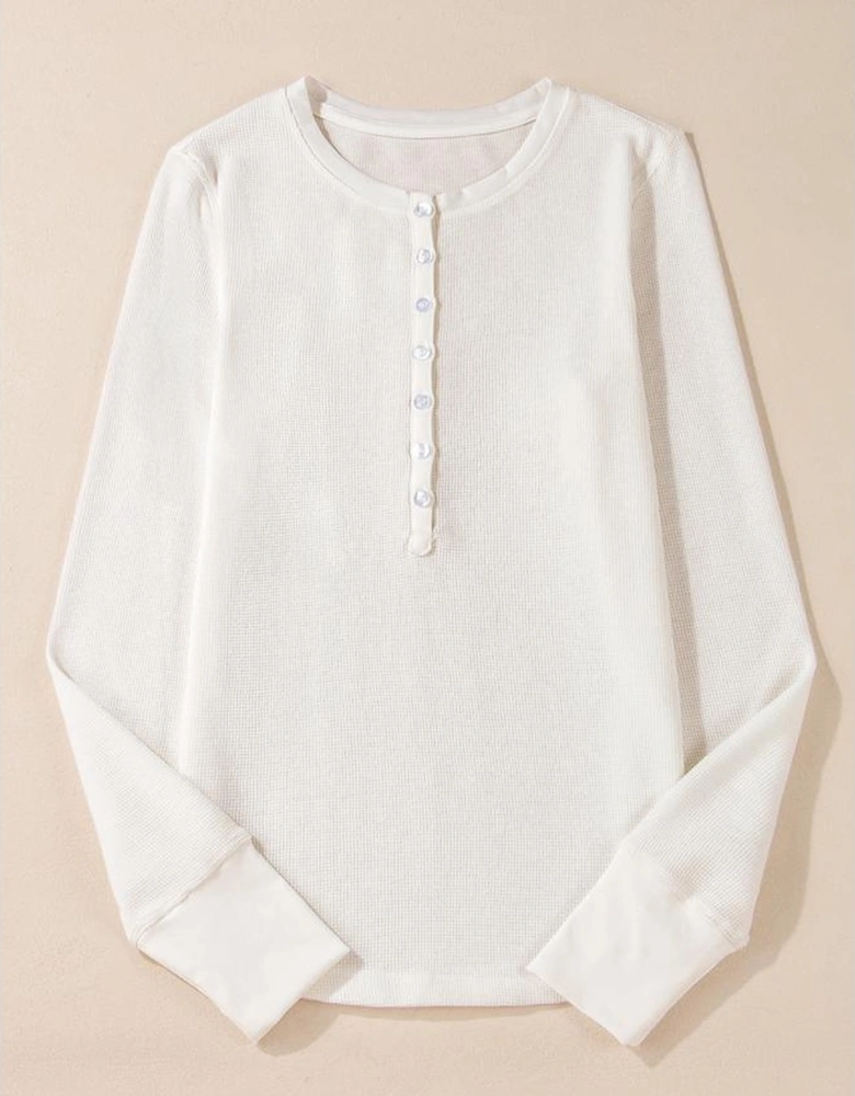 White Solid Color Waffle Half Button Long Sleeve Top