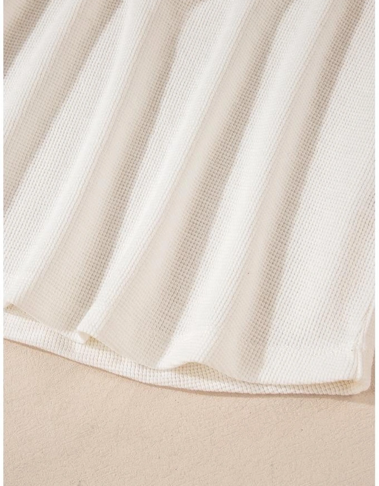 White Solid Color Waffle Half Button Long Sleeve Top