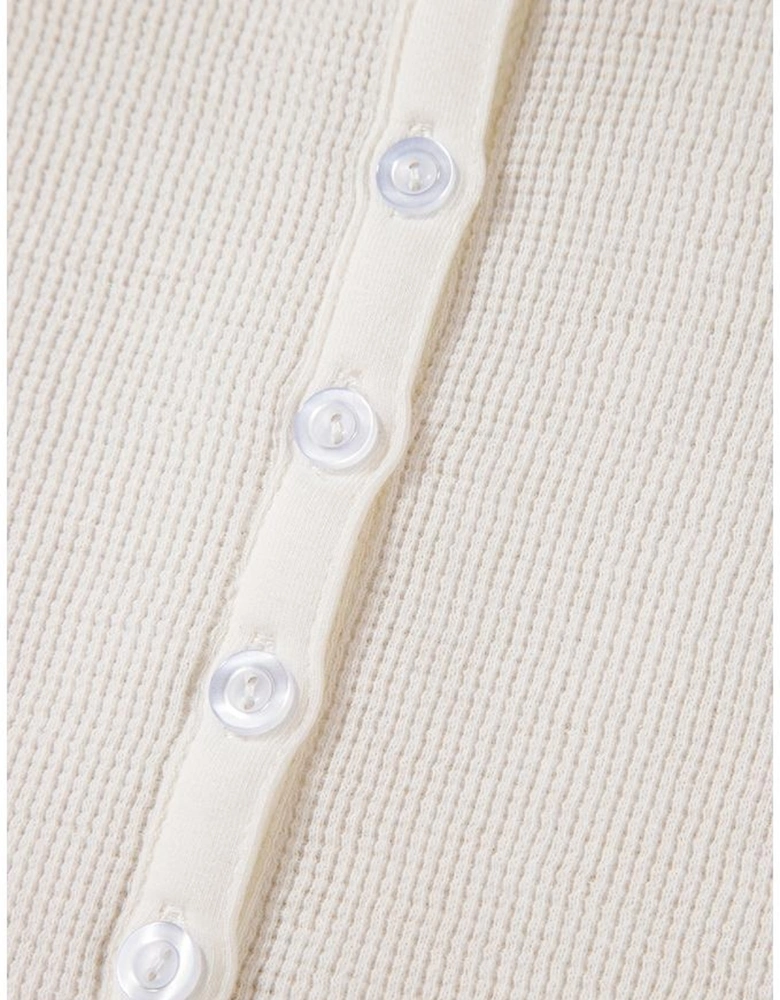 White Solid Color Waffle Half Button Long Sleeve Top