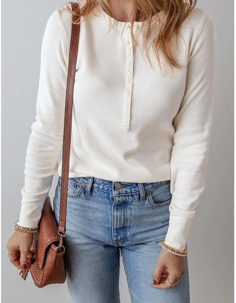 White Solid Color Waffle Half Button Long Sleeve Top