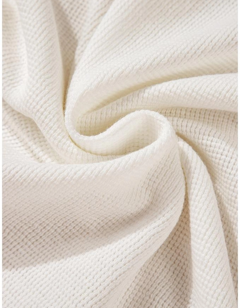 White Solid Color Waffle Half Button Long Sleeve Top