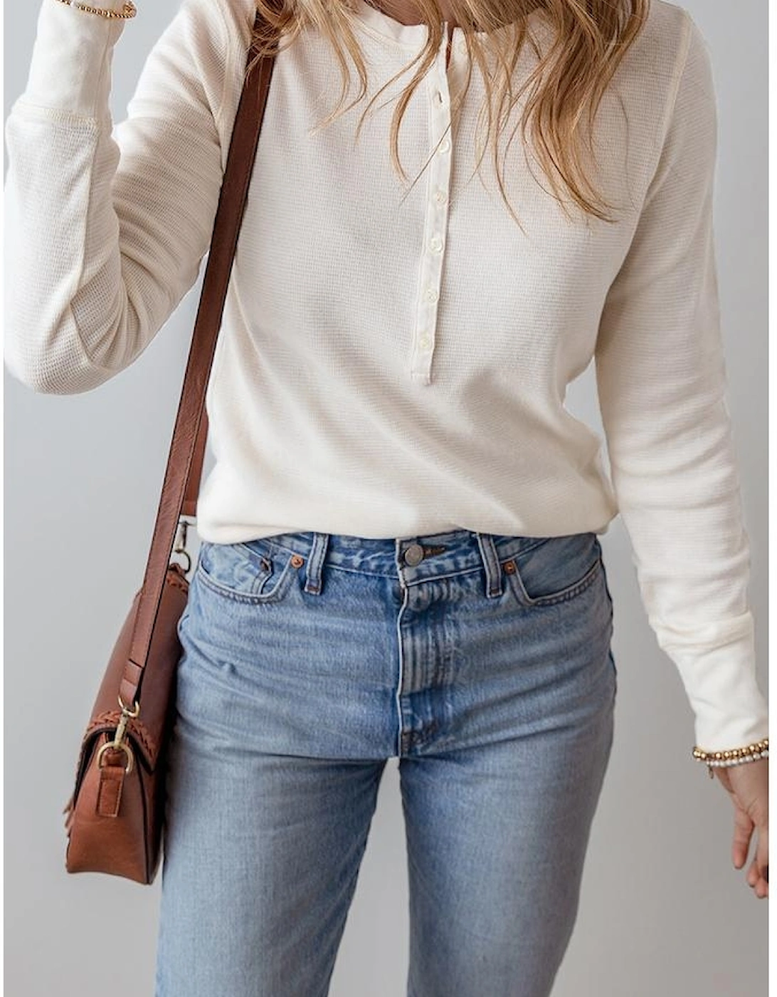 White Solid Color Waffle Half Button Long Sleeve Top