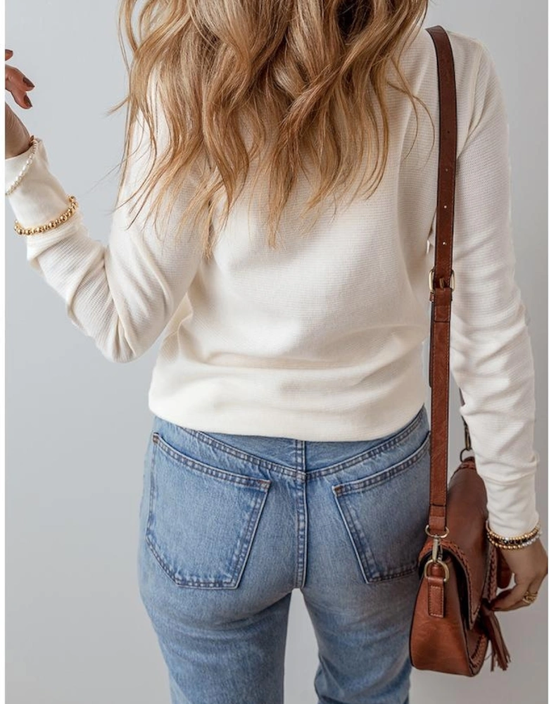 White Solid Color Waffle Half Button Long Sleeve Top