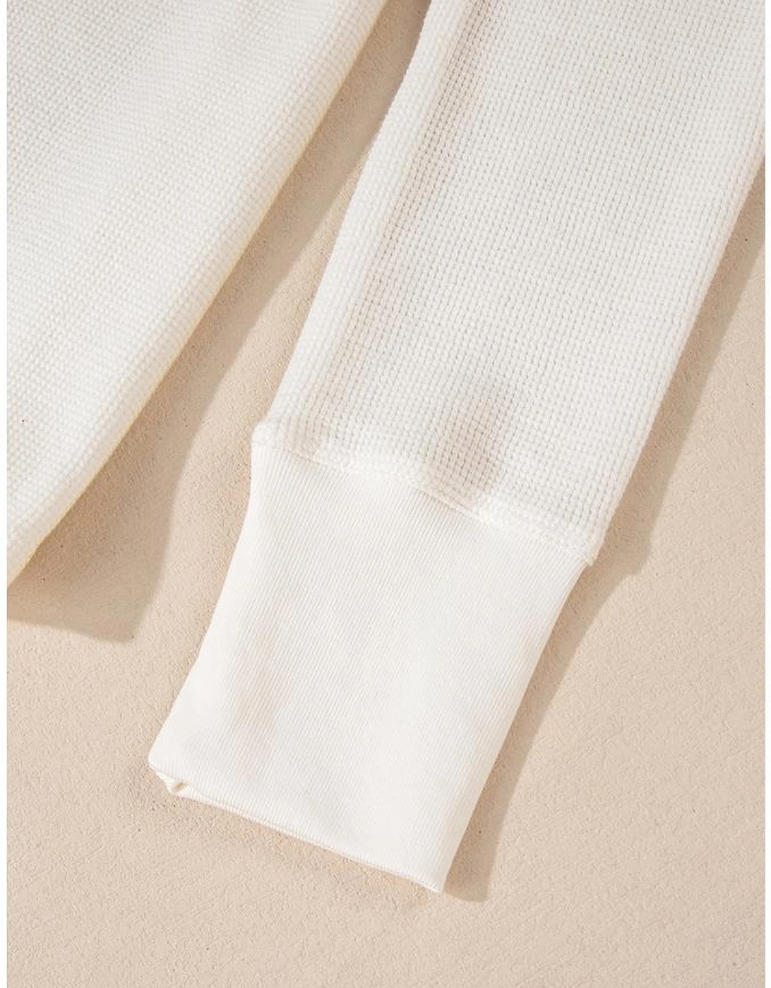 White Solid Color Waffle Half Button Long Sleeve Top