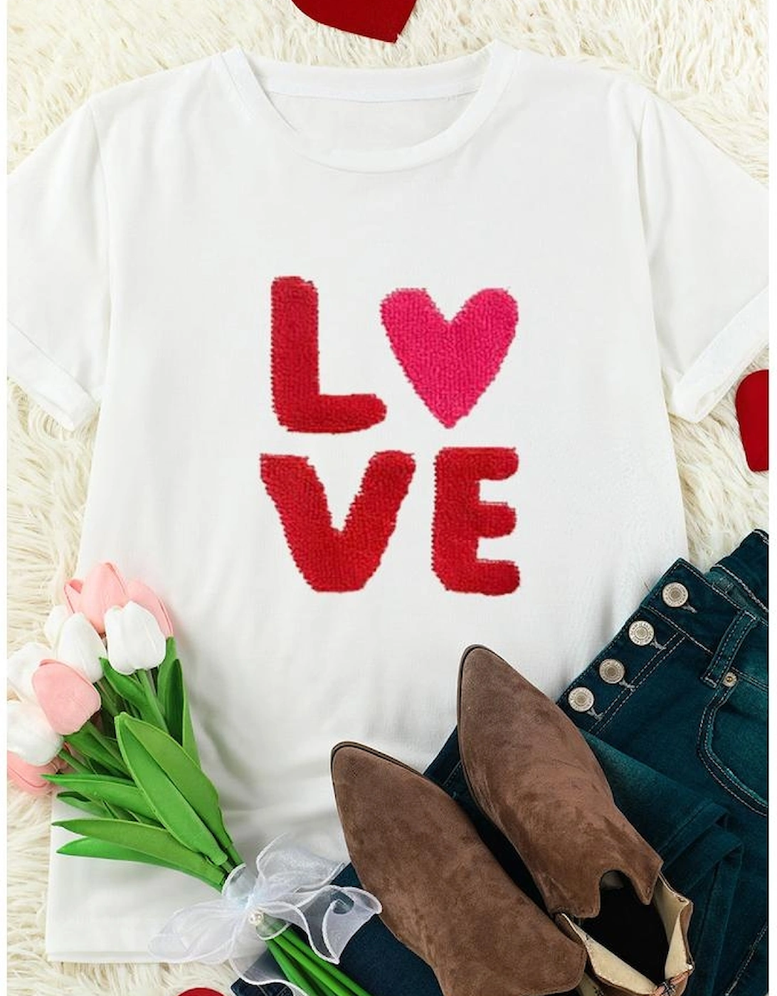 White Heart LOVE Graphic Valentines T Shirt