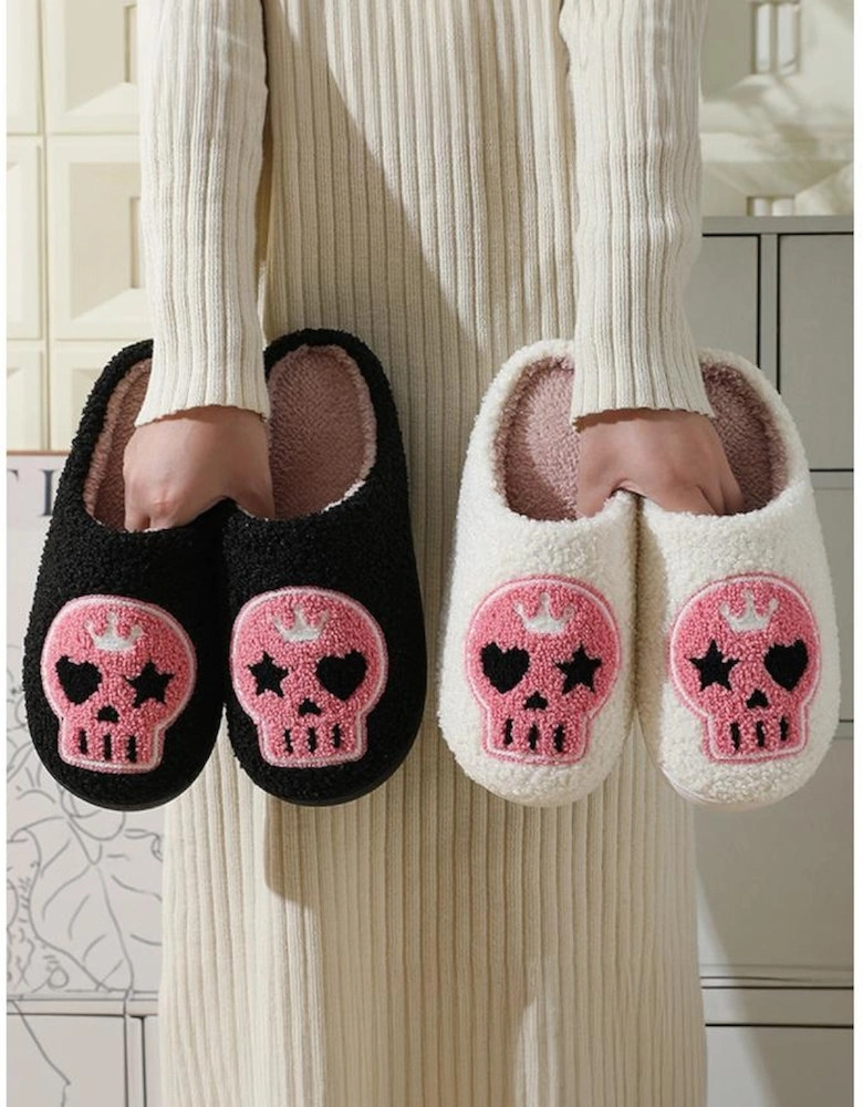Azura Exchange White Halloween Skull Printed Plush Winter Home Slippers