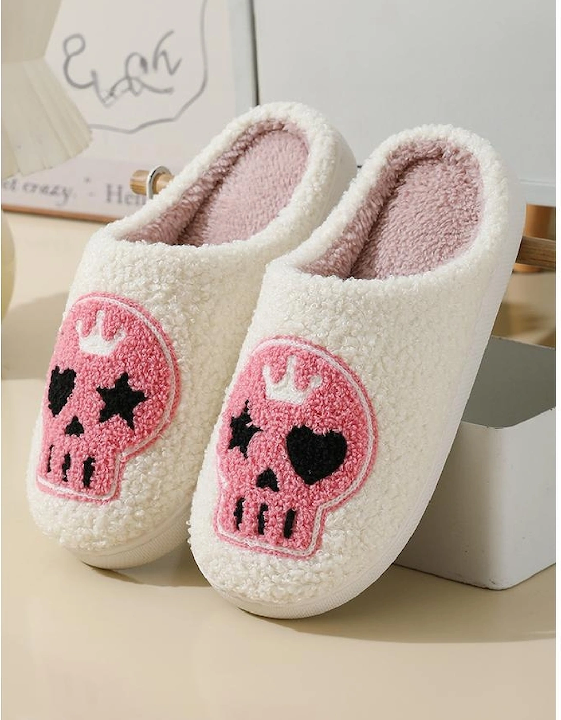 Azura Exchange White Halloween Skull Printed Plush Winter Home Slippers