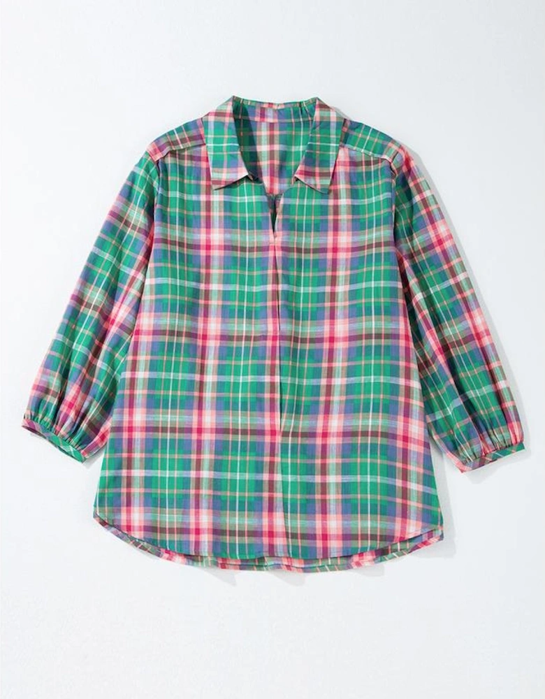 Green Checkered 3/4 Sleeve Collared Loose Fit Shirt