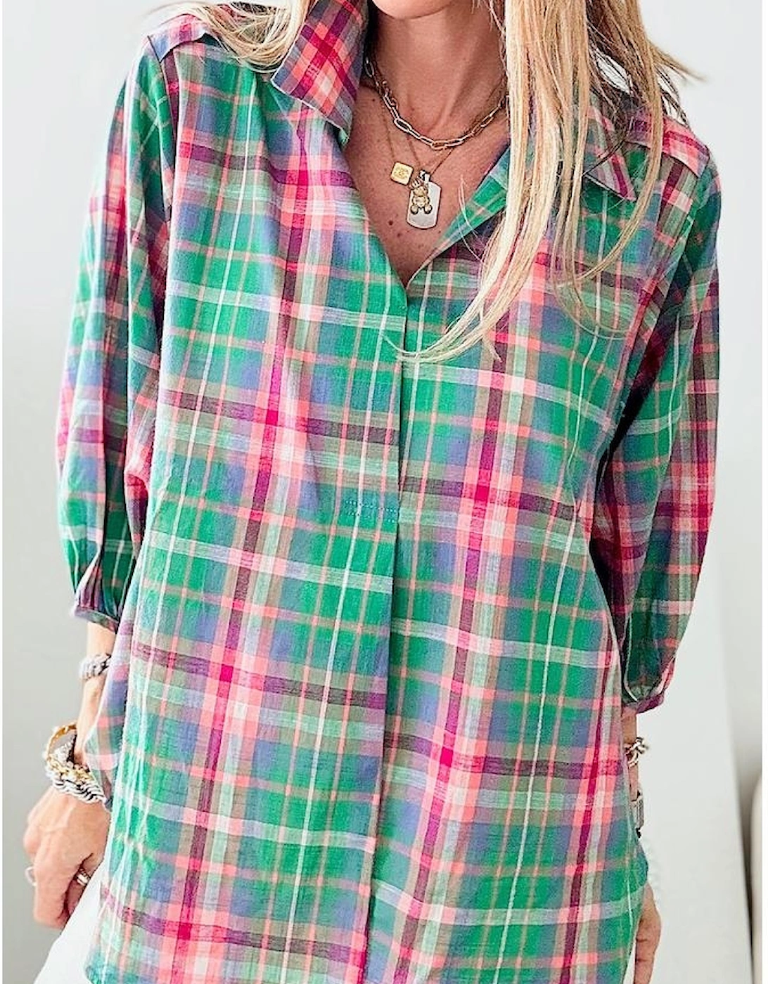 Green Checkered 3/4 Sleeve Collared Loose Fit Shirt