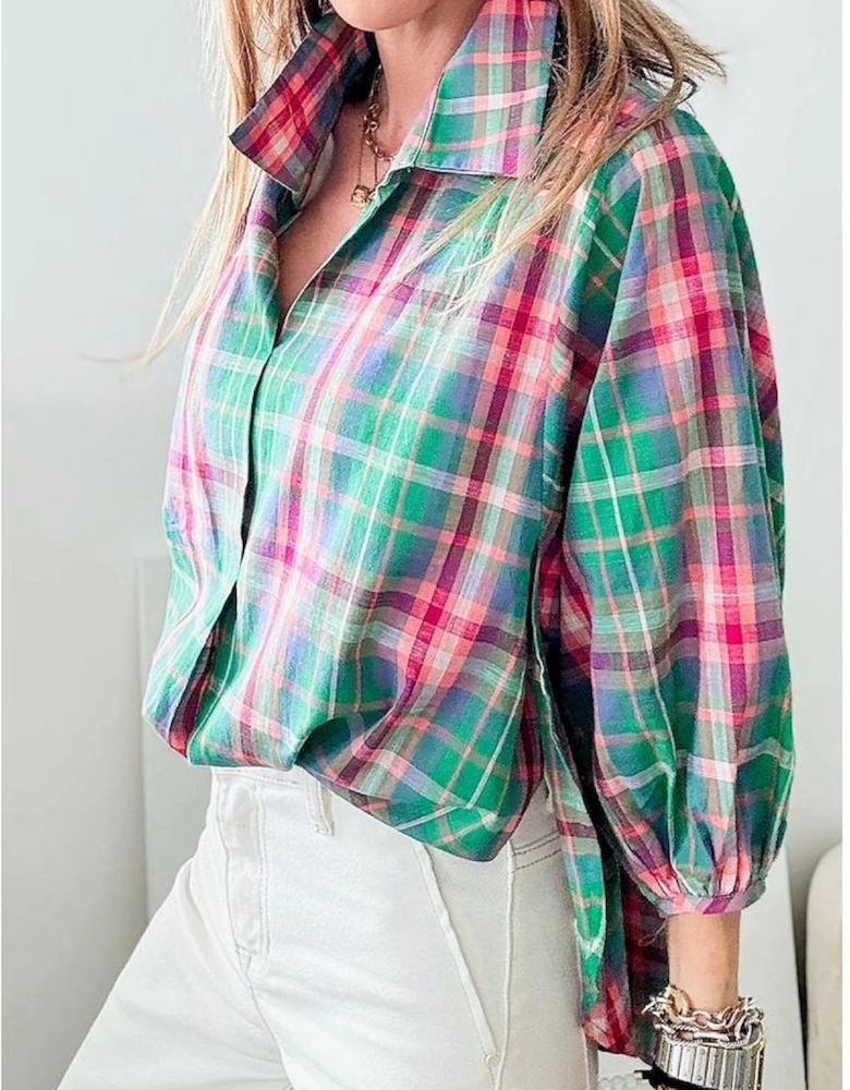 Green Checkered 3/4 Sleeve Collared Loose Fit Shirt