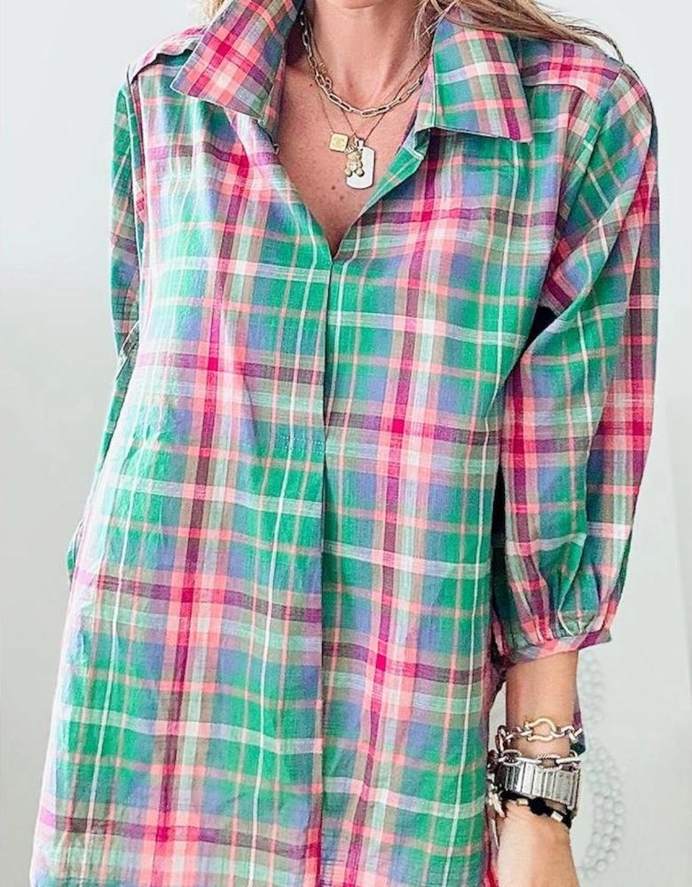 Green Checkered 3/4 Sleeve Collared Loose Fit Shirt